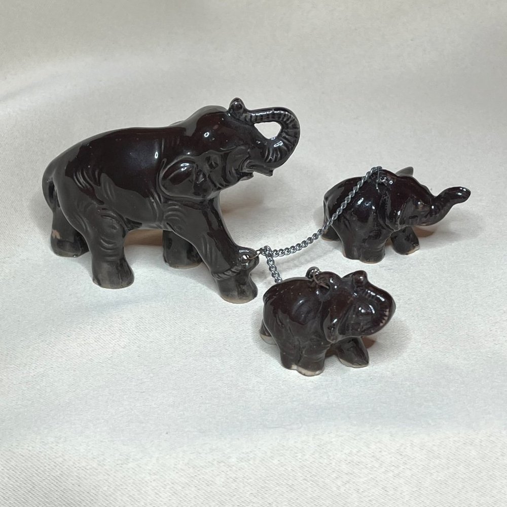 Vintage Brown Ceramic Elephant with Two Babies Chained